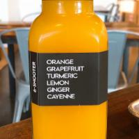 6 Shooter Juice · Cold-pressed juice. Orange, grapefruit, lemon, turmeric, ginger, and cayenne.