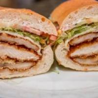 Chicken Club · Chicken cutlet, cheese, bacon, lettuce, tomato and mayonnaise.