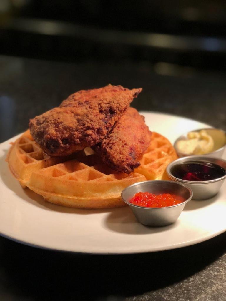 Chicken & Waffles · Maple syrup, red pepper jam, honey-thyme butter.
