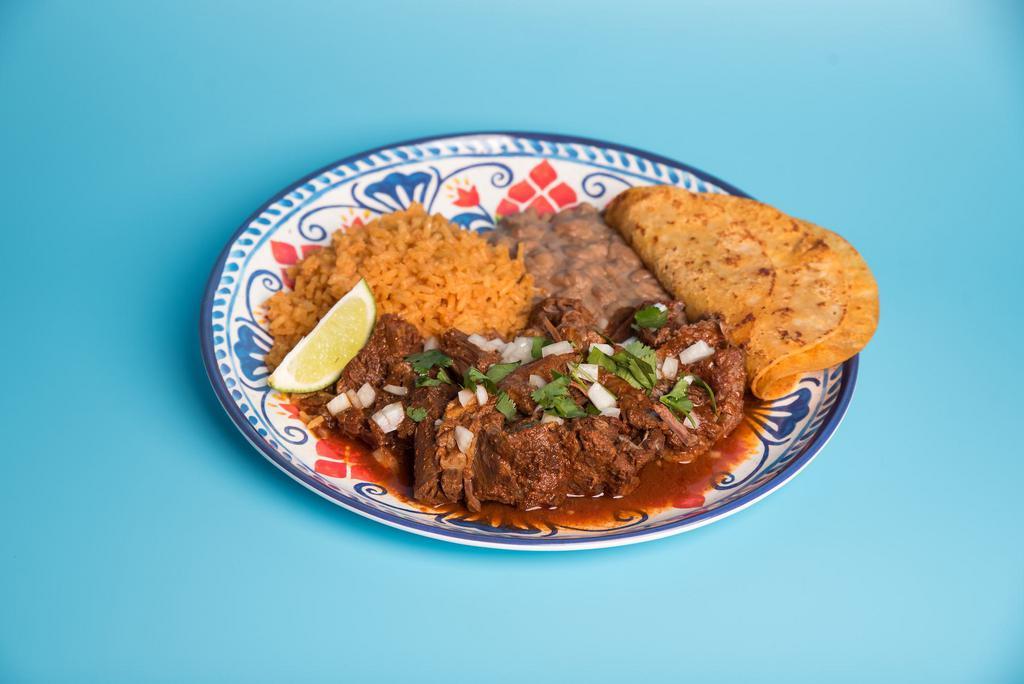 Birria Plate · Halal beef birria with rice, beans, onions, cilantro, and tortillas.