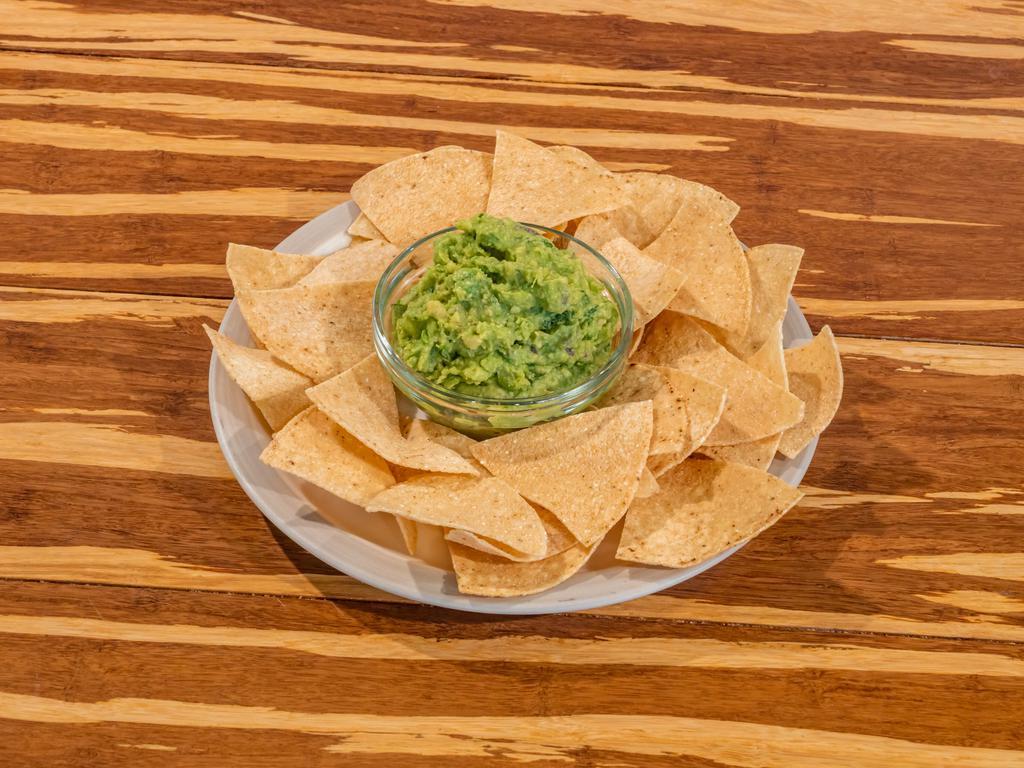 Chips and Gaucamole · Handcrafted guacamole coarsely mashed with red onions, lime juice, garlic, cilantro served with locally source tortilla chips. 