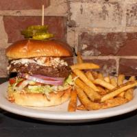 Rocky's Black & Bleu Burger · 1/2 lb. Angus beef blackened, topped with melted blue cheese crumbles, with lettuce, tomato ...