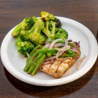 Shallow Hal · 2 grilled tenders topped with sauteed onions and green bell peppers. Served with steamed bro...
