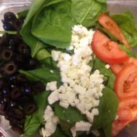 Spinach Salad · Fresh spinach with tomato, feta cheese and black olives.