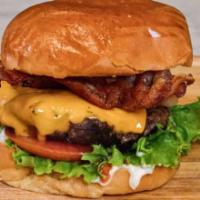 Bacon Cheese Burger · Comes with Halal bacon, American cheese, lettuce, tomato, ketchup and mayo. 