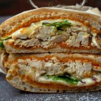 Chicken Asiago Sandwich · Grilled chicken breast, Asiago, mozzarella, sun-dried tomato pesto, red onion, lettuce, and ...