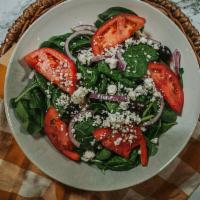 Spinach Salad · Baby spinach, tomatoes, red onions, Kalamata olive, Gorgonzola cheese, and balsamic dressing...
