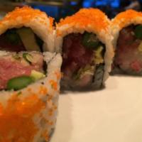 Samurai Roll · Hamachi, tuna, scallion, avocado, asparagus and masago.