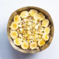 Nutty Bowl · Base blend: organic acai, almond milk, apple juice, peanut butter, bananas, strawberries, an...