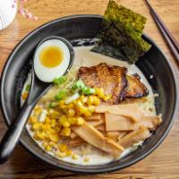 Spicy Tonkotsu Ramen · Comes with Pork Chashu, Green Onion, Soft Boiled Egg, Corn, Bamboo Shoots, and Nori