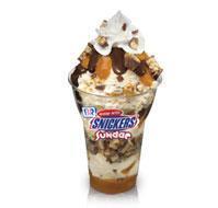 2.5 oz. Snickers Layered Sundae  · Enjoy 3 scoops of ice cream layered with various toppings, hot fudges, sauces, and caramels....