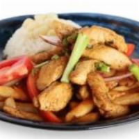 Pollo Saltado · Tender chicken with sauteed onions and tomatoes. Served with fries and rice. 