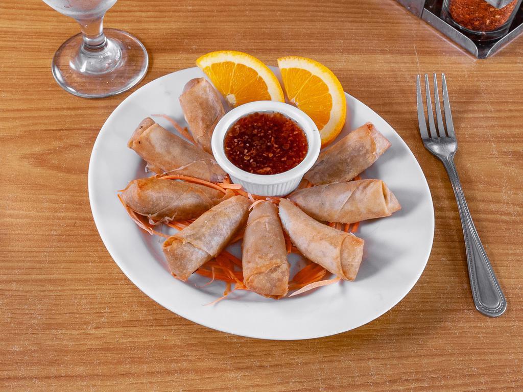 Thai Egg Rolls  · 3 pieces. Crispy spring rolls made with bean thread noodles and mixed vegetables. Served with homemade sweet chili sauce.