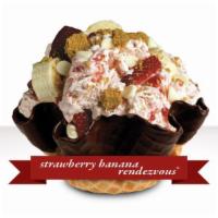 Strawberry Banana Rendezvous Ice Cream · Strawberry ice cream with graham cracker pie crust, white chocolate chips, strawberries and ...