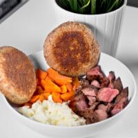 Muscle Boy · Certified Angus beef steak, grilled sweet potato rounds, 6 egg whites. Served with Ezekiel E...