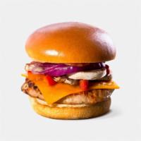 BBQ Turkey Burgers · All-natural turkey burger, turkey bacon, low-fat cheddar, peppers, red onions, mushrooms, an...