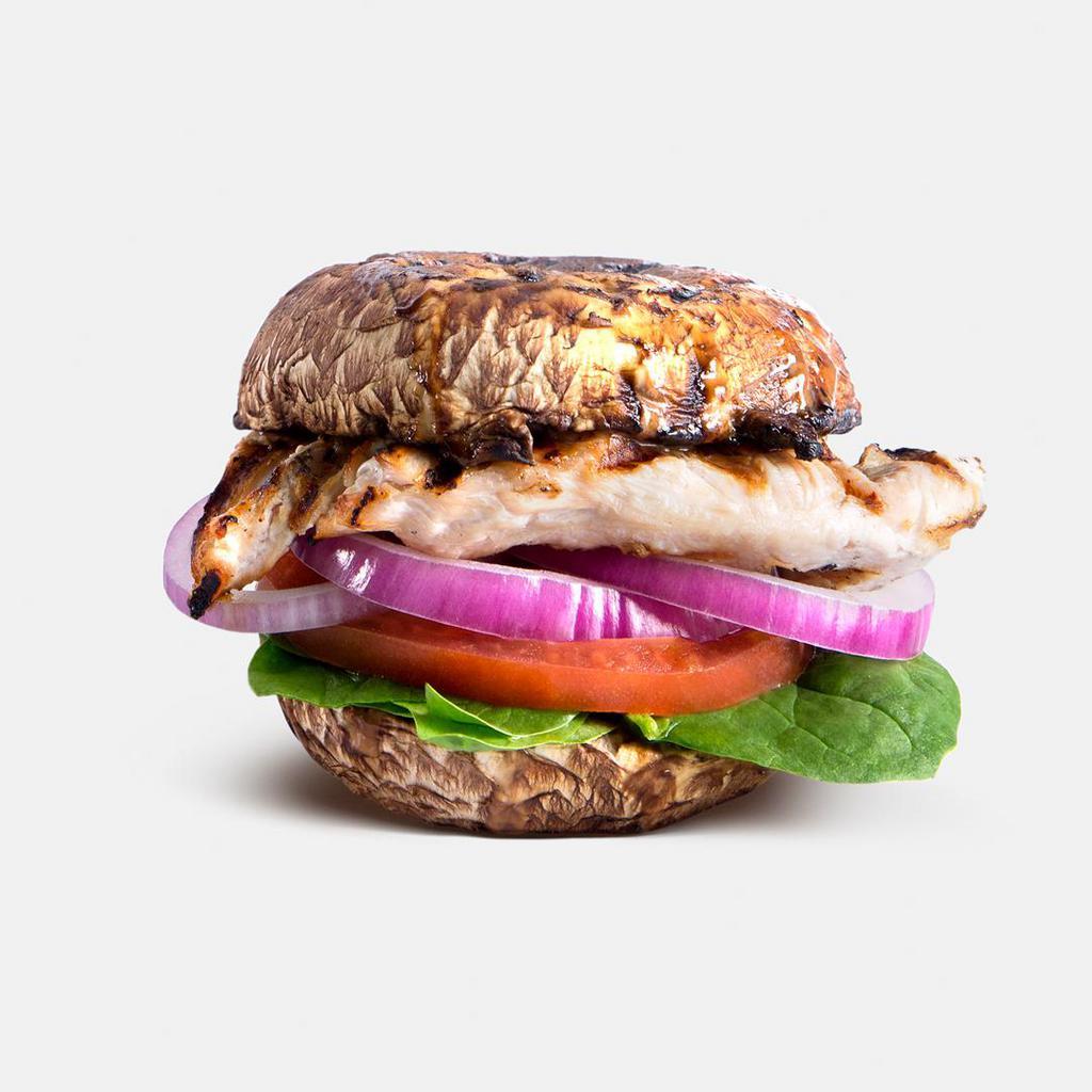 Portobello Sandwich · All-natural chicken, tomatoes, red onions, and spinach in between 2 portobello mushroom caps. Gluten-free.