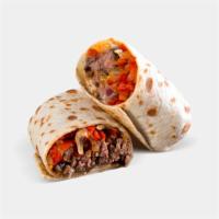 BBQ Bison Cheesesteak Wrap · Organic grass-fed bison, red peppers, red onions, mushrooms, low-fat cheddar, PH BBQ sauce.