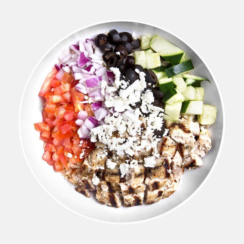 Greek Bowl · All-natural turkey burger, tomatoes, black olives, cucumber, red onions, and feta cheese. Gluten-free.