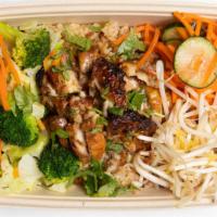 The Workout · Chicken, brown rice, extra steamed veggies, bean sprouts, pickled veggies, herbs, tamarind v...
