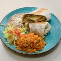 Burrito · Lettuce, tomato and sour cream. Served with rice and beans.