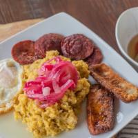 Dominican mangu  tres golpe  / Triple combination · Salami, Queso(Fried cheese), Huevos(Eggs) & red Onions ( cebollas roja)