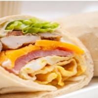 Ham, Egg, and Cheese Wrap · Choice of wrap with fresh cooked eggs, ham slices, and warm melted cheese.