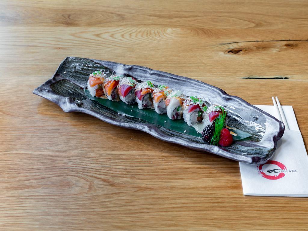 2019 Roll · Tuna, salmon, yellowtail, and asparagus topped with tuna, salmon, and yellowtail with chef’s miso sauce.