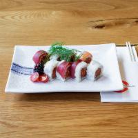 LIC Roll · Spicy tuna and crunch topped with tuna, salmon, yellowtail, and white fish.