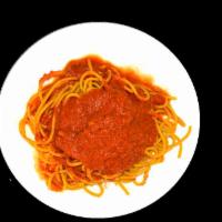 SPAGHETTI POMODORO · Homemade Spaghetti Pasta, Light Garlic Pomodoro Sauce