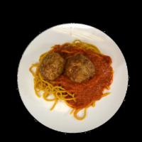 SPAGHETTI MEATBALLS · Homemade Spaghetti Pasta, 2 Delicious Beef Meatballs, Pomodoro Sauce