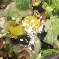 Greek Salad · Romaine lettuce with black olives, green olives, tomato, cucumber, banana peppers, red onion...