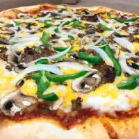 Philly Pizza · Lite pizza sauce, cheddar and mozzarella blend, steak, green peppers, onions, and mushroom.