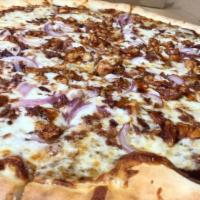 BBQ Chicken Pizza · Sweet baby ray's barbecue sauce base topped with mozzarella cheese, grilled chicken, bacon, ...