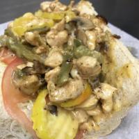 Chicken Philly Sandwich · Grilled chicken, with green peppers, onions, mushrooms, American and provolone cheese.