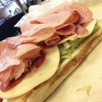 Italian Sandwich · Deluxe ham, Genoa salami, pepperoni, hot cappy, provolone, lettuce, tomato, onion, roasted p...