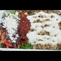 2. Chicken Plate · Chicken, rice, lettuce, tomato, cucumber, onion, olive, feta cheese, dressing, hot sauce, wh...