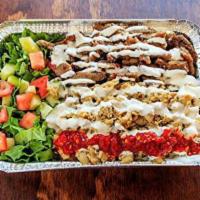 3. Combo Plate · Gyro, chicken, rice, tomato, lettuce, cucumber, olive, onion, dressing, hot sauce and white ...