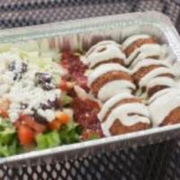 5. Veggie Plate · Falafel, rice, hummus, onion, tomato, lettuce, cucumber, olive, dressing, pickles, hot sauce...