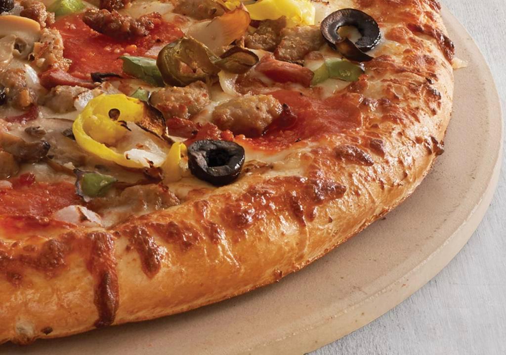 Loaded Pizza · Pepperoni, Italian sausage, beef, bacon, mushrooms, onions, black olives, bell peppers, banana peppers and jalapeno peppers.