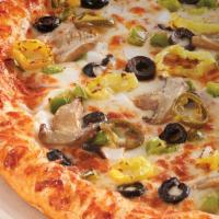 Veggie Pizza · Mushrooms, black olives, bell peppers, onions, banana peppers and jalapeno peppers.