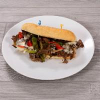 Philly Cheese Sandwich · Tender slices of marinated beef, onions and peppers topped with American cheese on a warm ho...