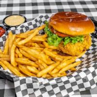 Fried Chicken Sandwich Meal with Side and Drink · Fried chicken sandwich meal with side and drink.