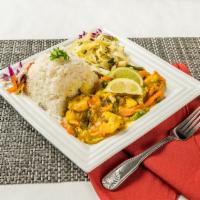 Curried Shrimp Large Meal · Sauteed in island covered curry gravy with rice and mixed veggies.