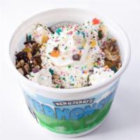 Vermonster · A monster of a sundae - 20 scoops of ice cream, hot fudge or caramel, banana, cookies, brown...