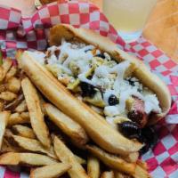Trap Door Dog · Black olives, artichoke hearts, grilled garlic and goat cheese or vegan mozzarella, topped w...