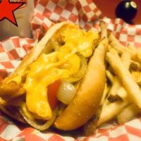 Cheesesteak! · Grilled Onion, Red Peppers, topped with Vegan or Regular Nacho Cheese Sauce.