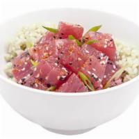 Spicy Tuna Trio Bowl  · Ahi tuna, pepper tuna, yellowtail, lemon zest, green and sweet onion, cucumber, edamame, Sri...