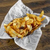 Garlic Parmesan Fries · Our French fries du jour with caramelized garlic cloves, topped with salt, grated parmesan a...