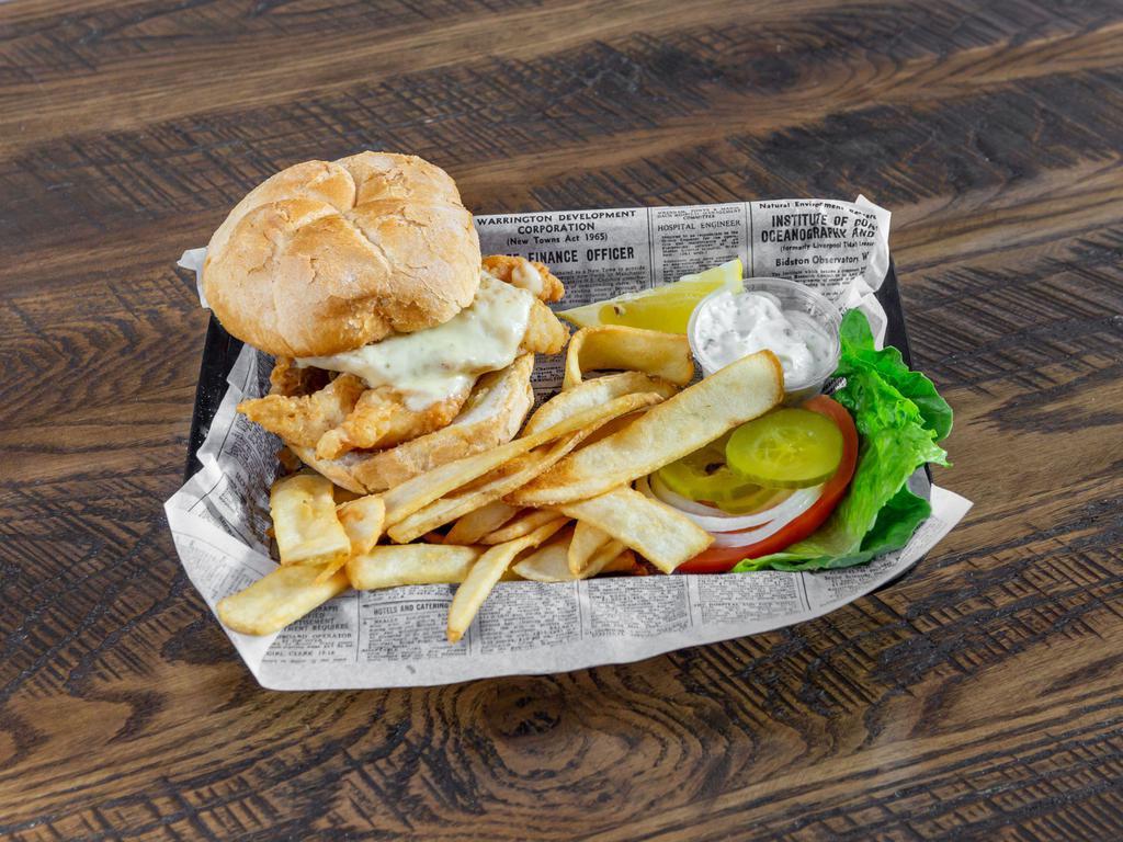 Fish Sandwich · A generous portion of Cod loins, dusted with our seasoned breading and deep fried golden brown. Choice of bread. Add cheese if you like. Served with lettuce, tomato, onion & pickle.